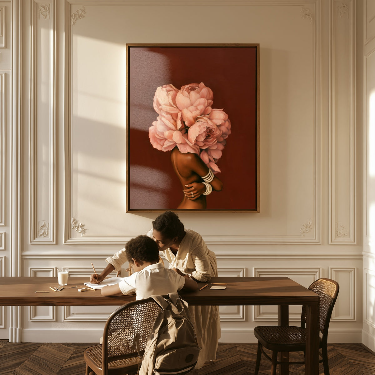 In Full Bloom canvas above a table, a mother and child at work