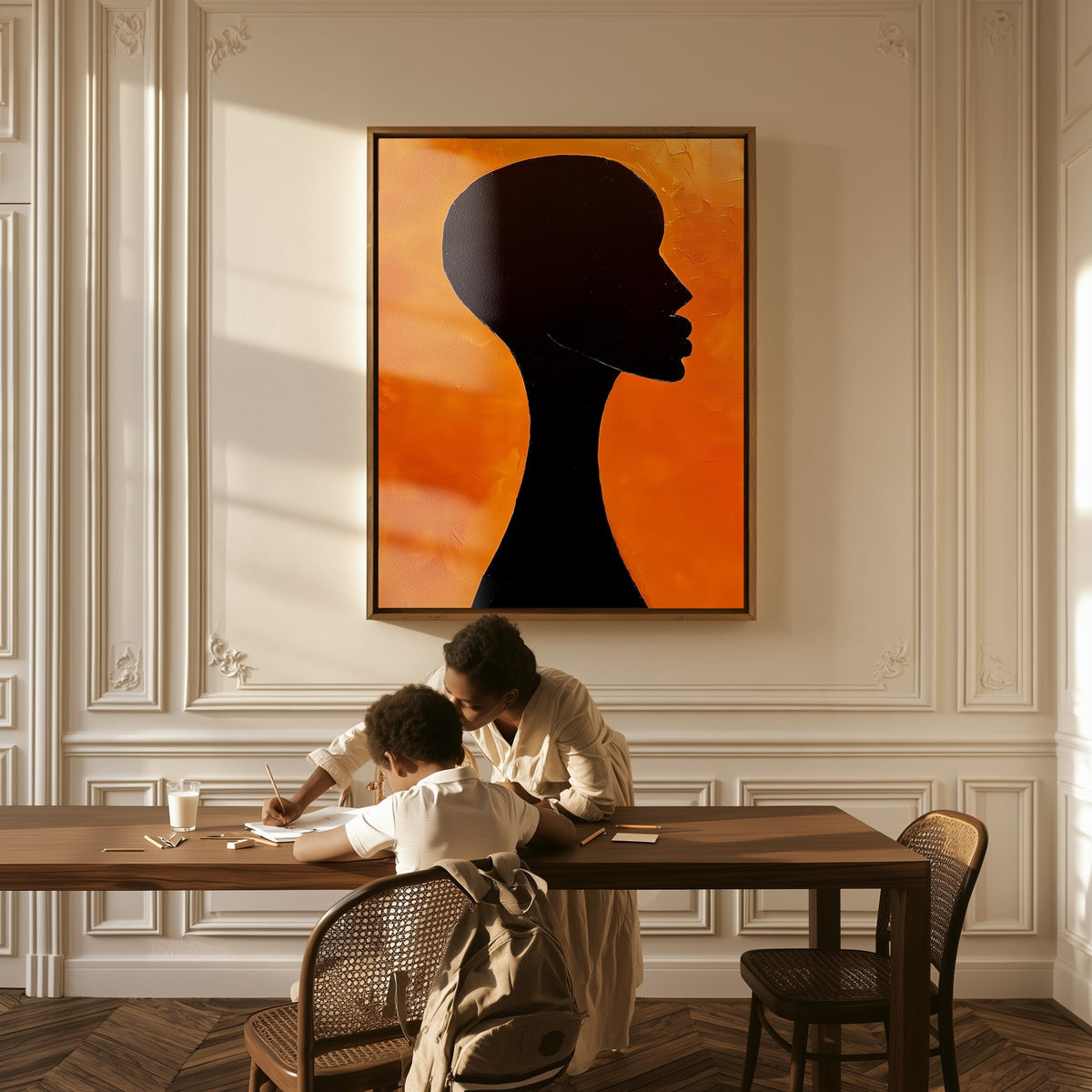 Solitude canvas above a table, a mother and child at work