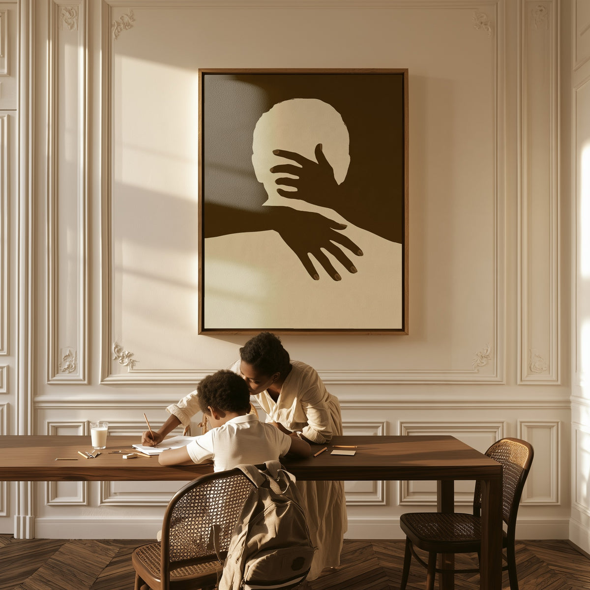 Held canvas above a table, a mother and child at work