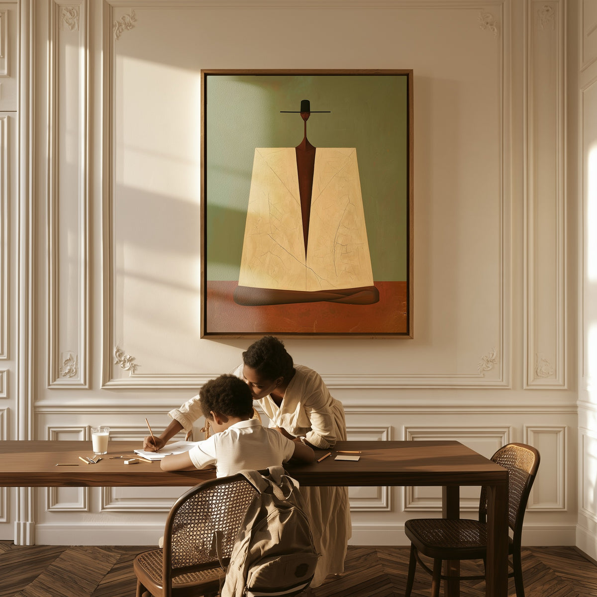 Composure canvas above a table, a mother and child at work