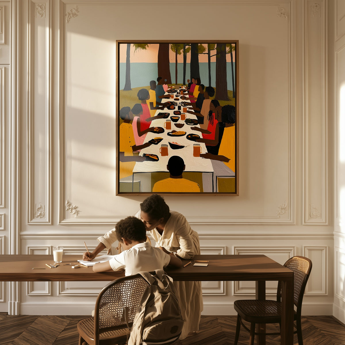 Supper Under the Pines canvas above a table, a mother and child at work