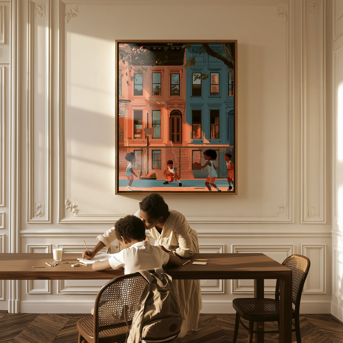 Pickup on the Block canvas above a table, a mother and child at work