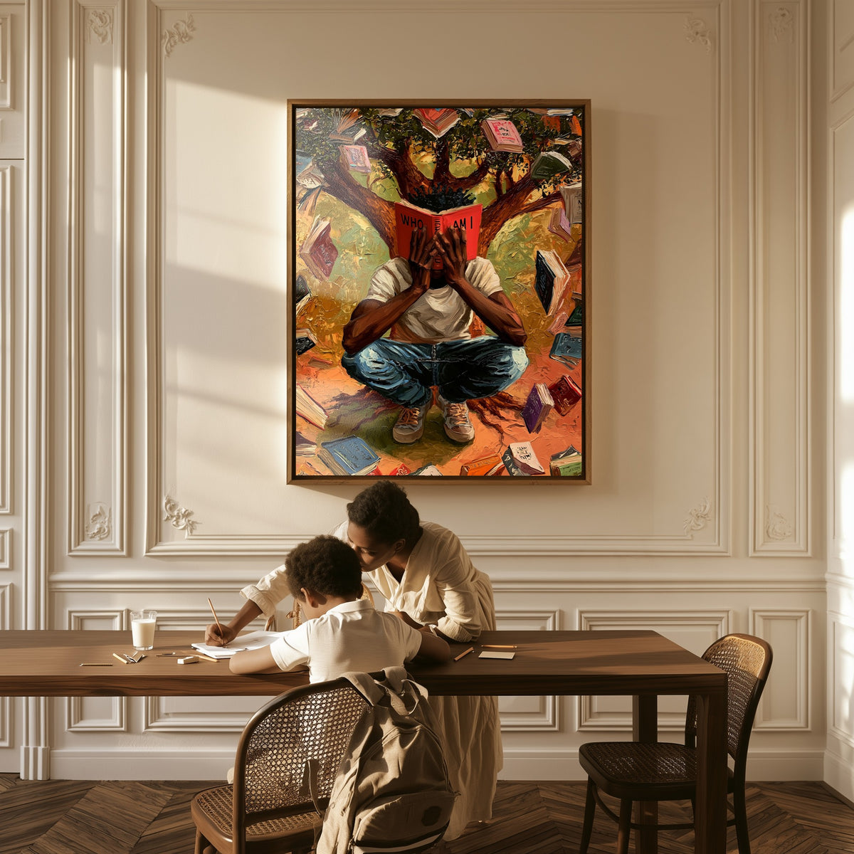 Who Am I canvas above a table, a mother and child at work