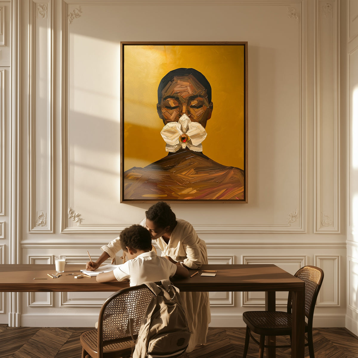 The Offering canvas above a table, a mother and child at work