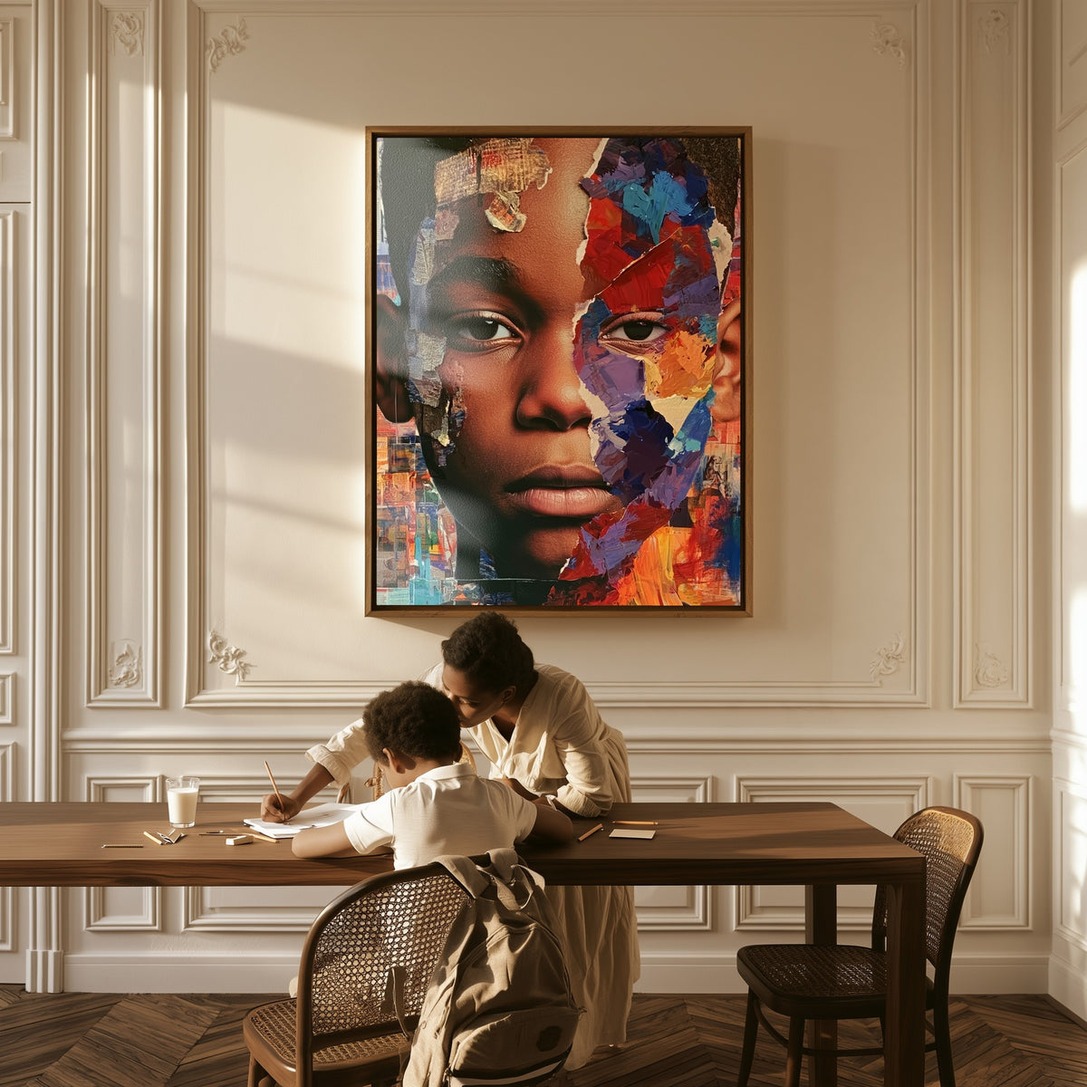 Becoming canvas above a table, a mother and child at work