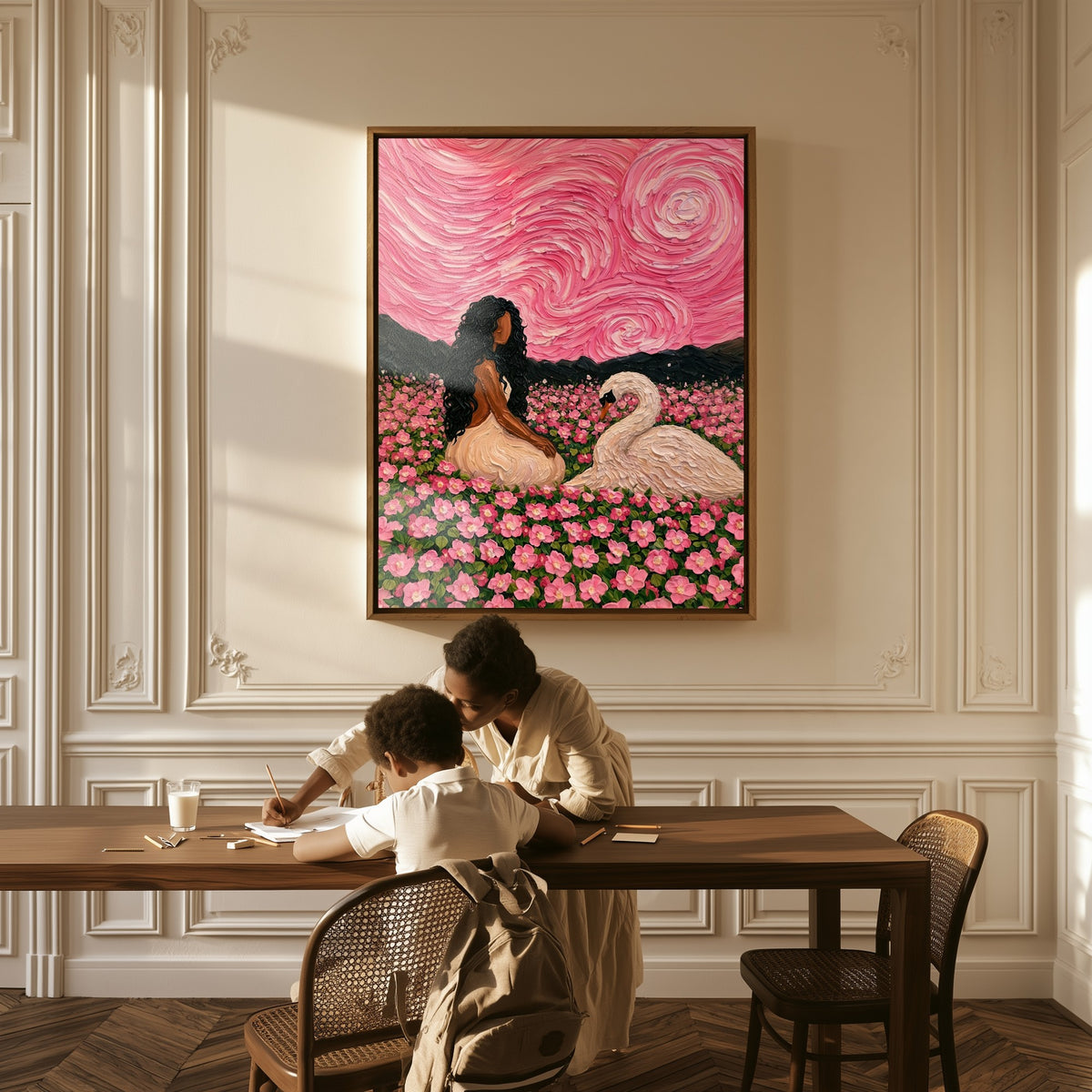 Swan Reverie canvas above a table, a mother and child at work