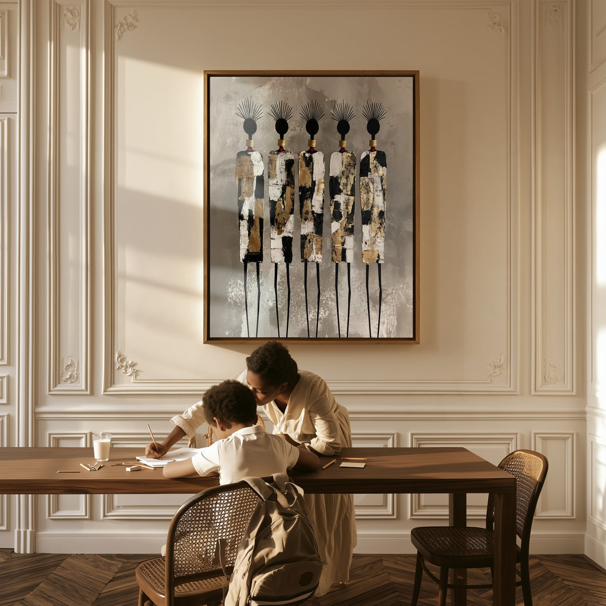 Gilded Rhythm canvas above a table, a mother and child at work