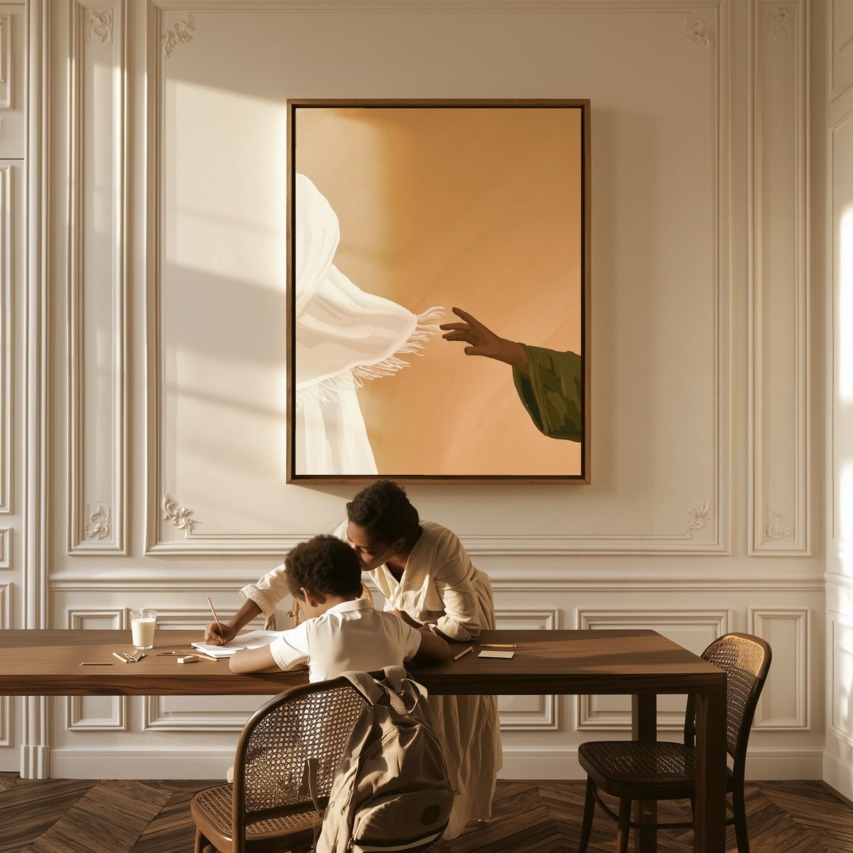 The Hem canvas above a table, a mother and child at work