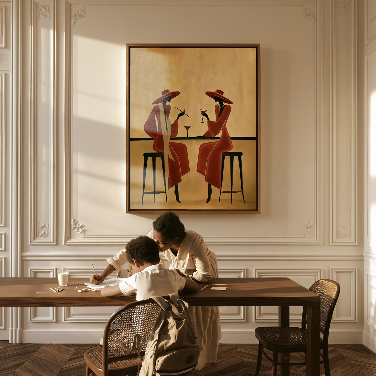 Two at the Bar canvas above a table, a mother and child at work