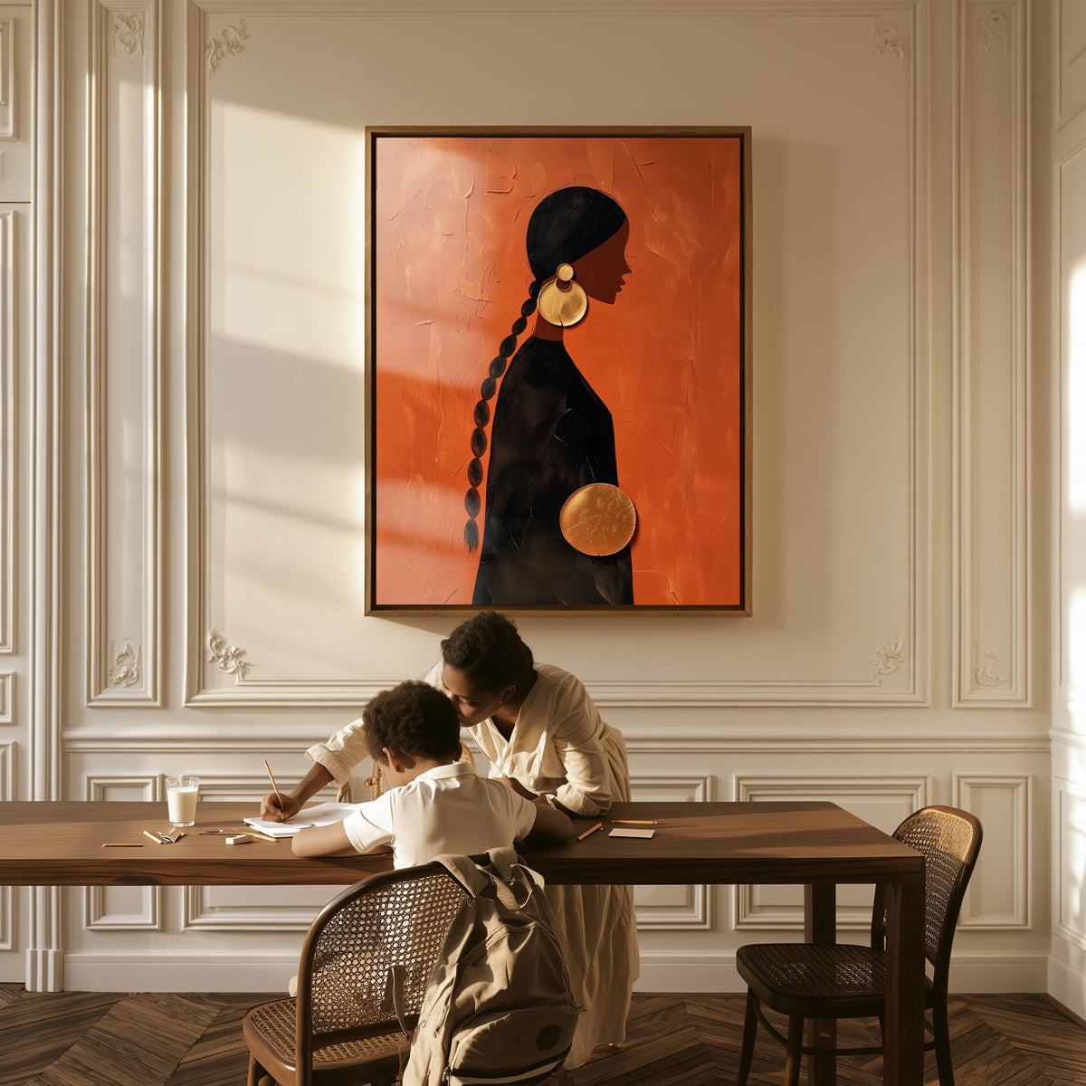 The Long Braid canvas above a table, a mother and child at work