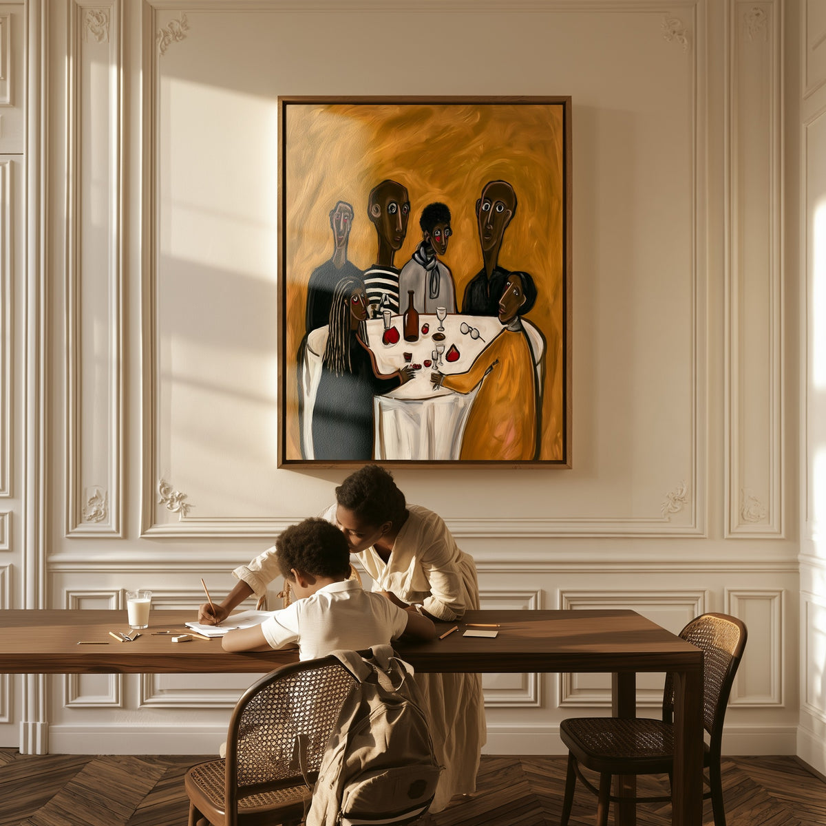 The Second Bottle canvas above a table, a mother and child at work