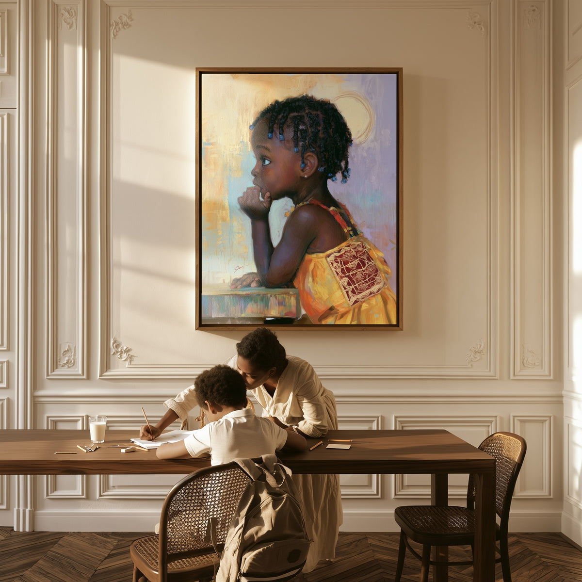 The Daydreamer canvas above a table, a mother and child at work