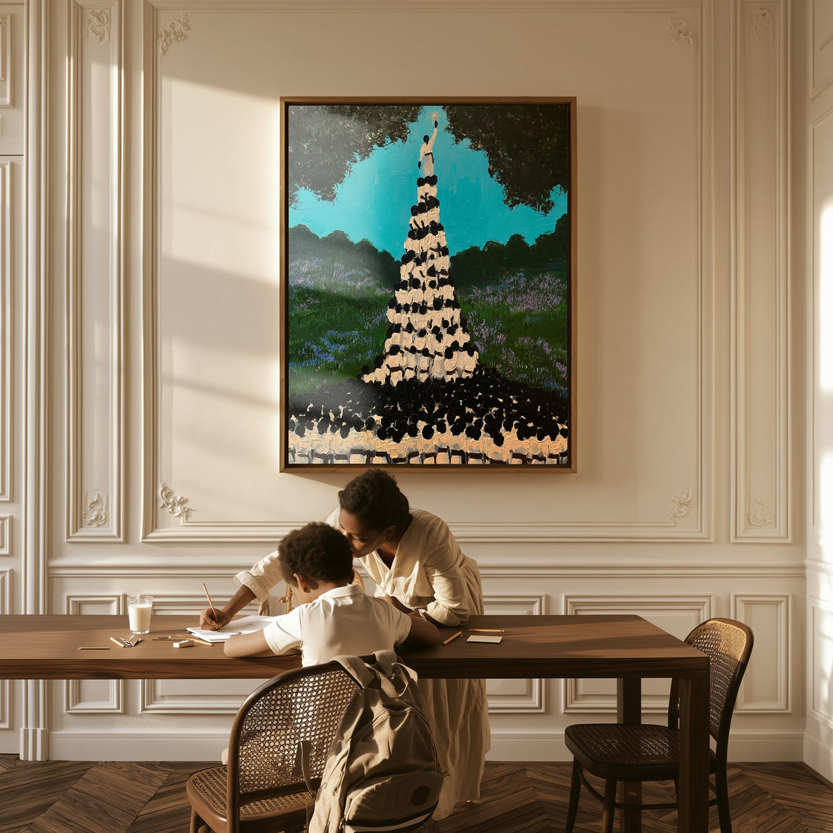 Ascent canvas above a table, a mother and child at work