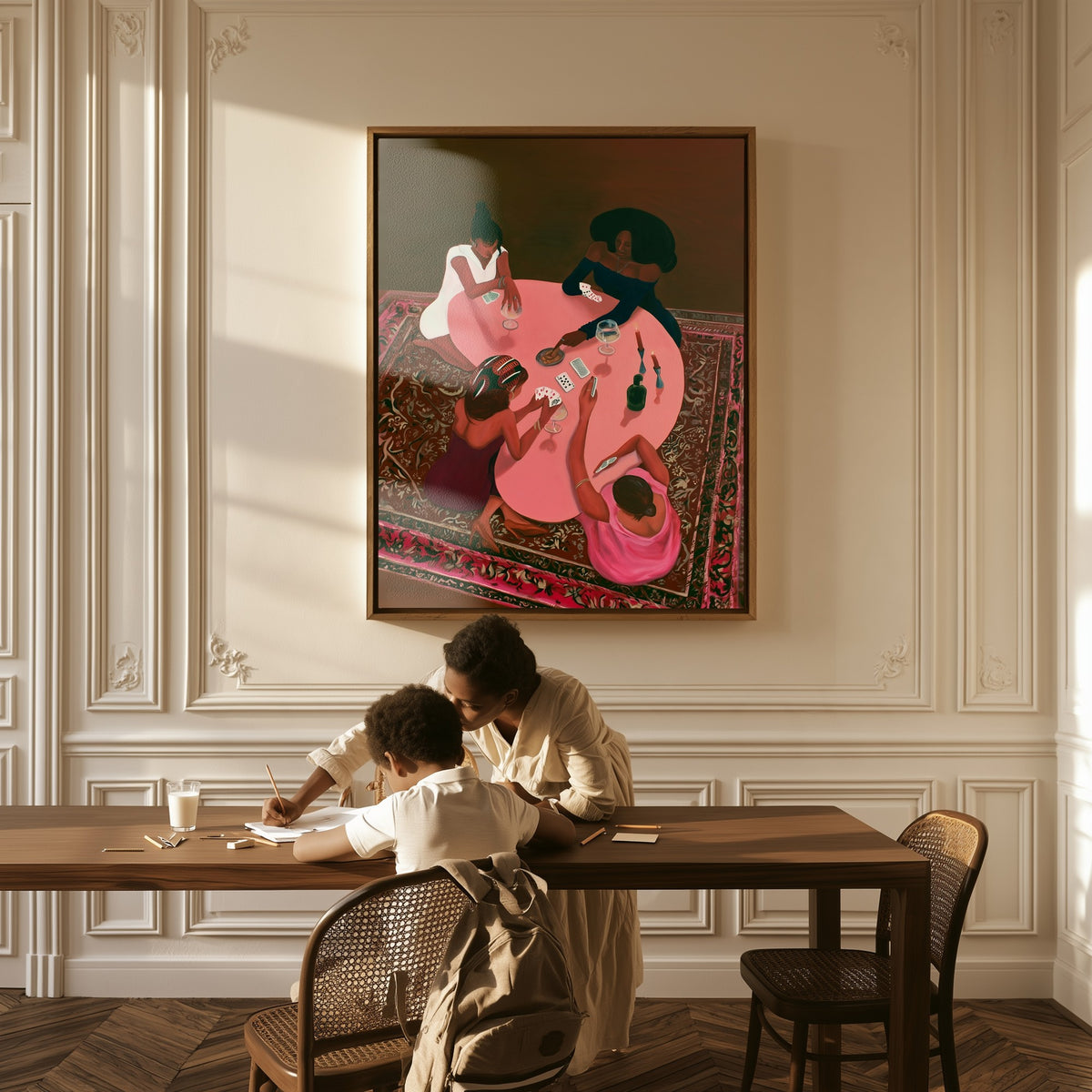 The Card Game canvas above a table, a mother and child at work