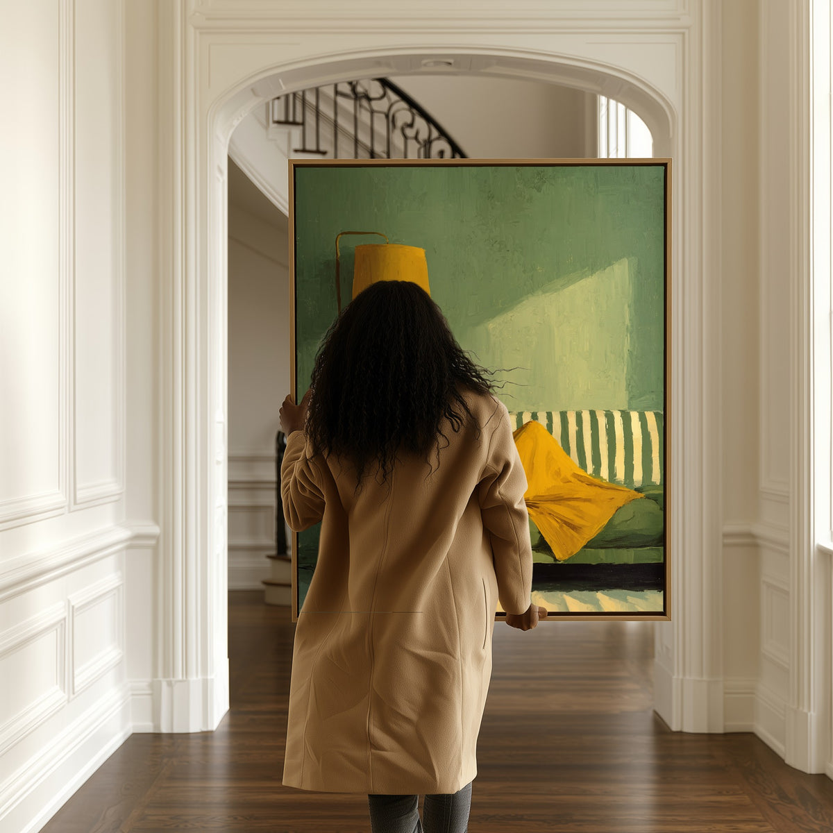Reader in Yellow canvas in a hallway, a woman passing by