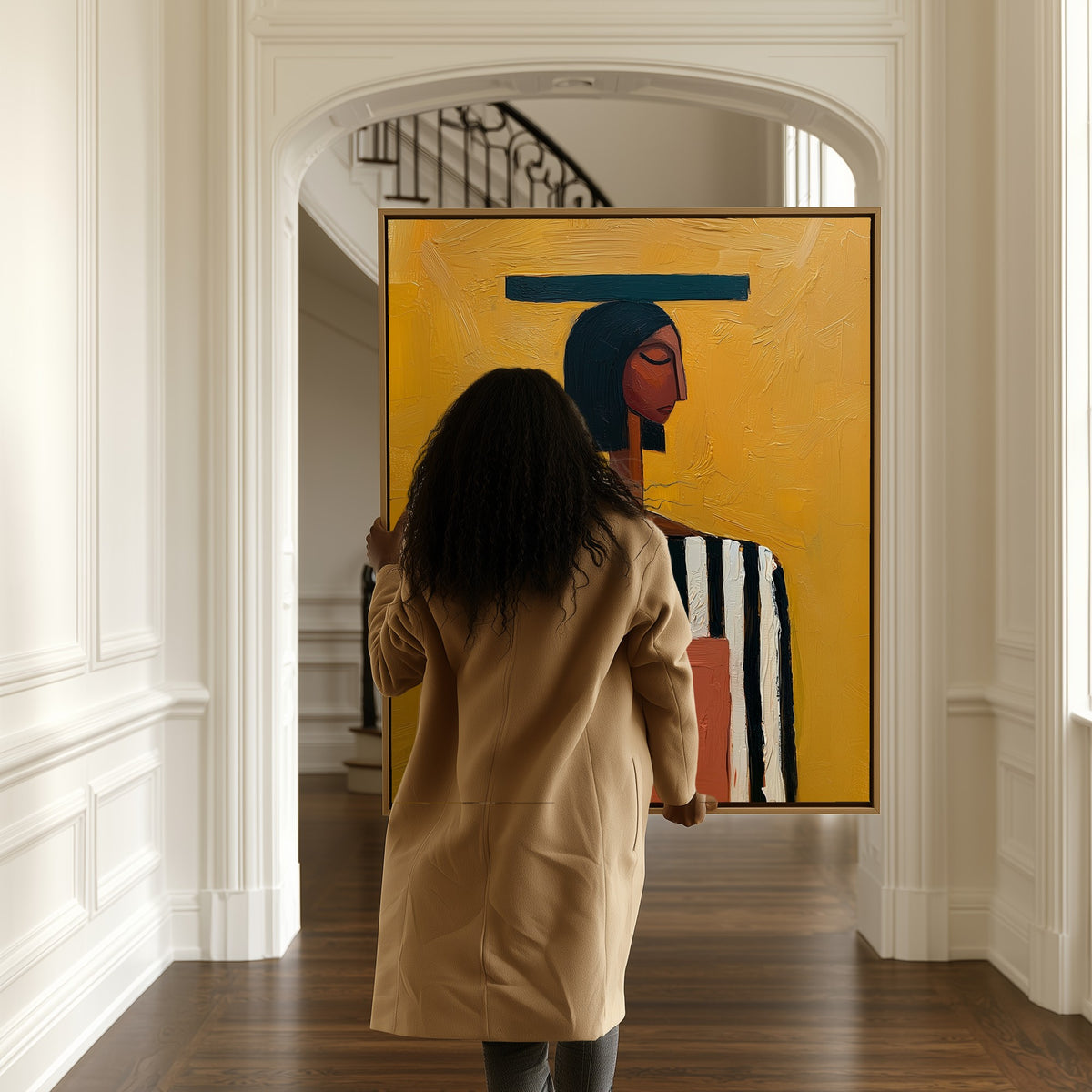 Ochre Calm canvas in a hallway, a woman passing by