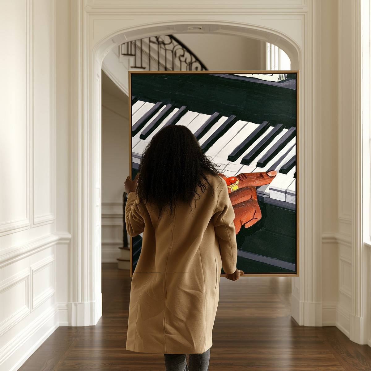 The Pianist's Hand canvas in a hallway, a woman passing by