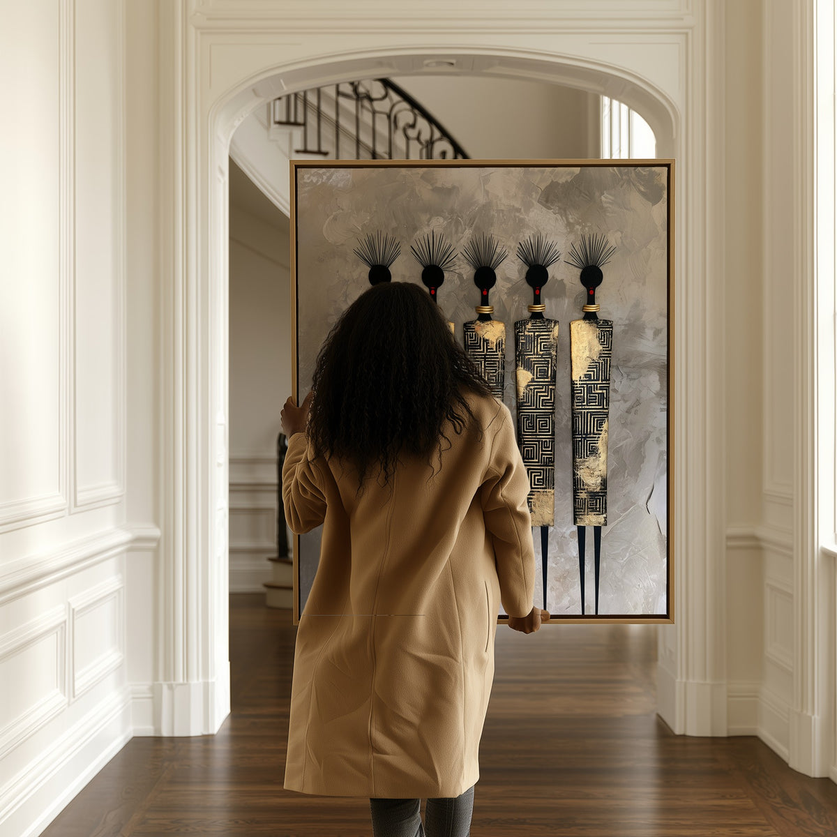 Five Sentinels canvas in a hallway, a woman passing by