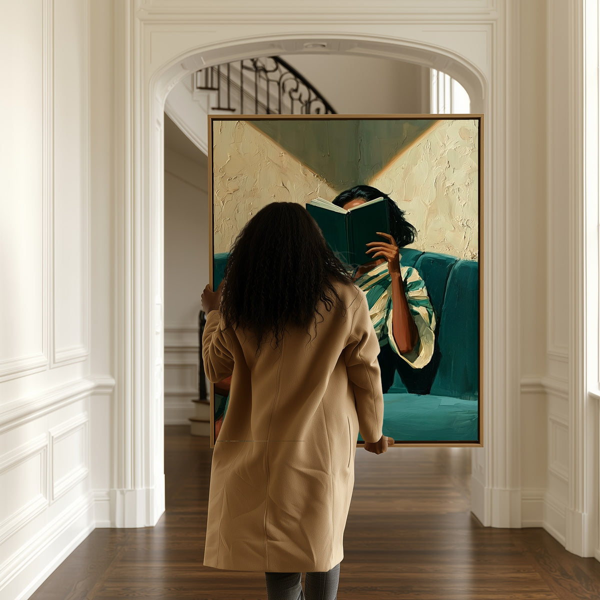 The Reader canvas in a hallway, a woman passing by