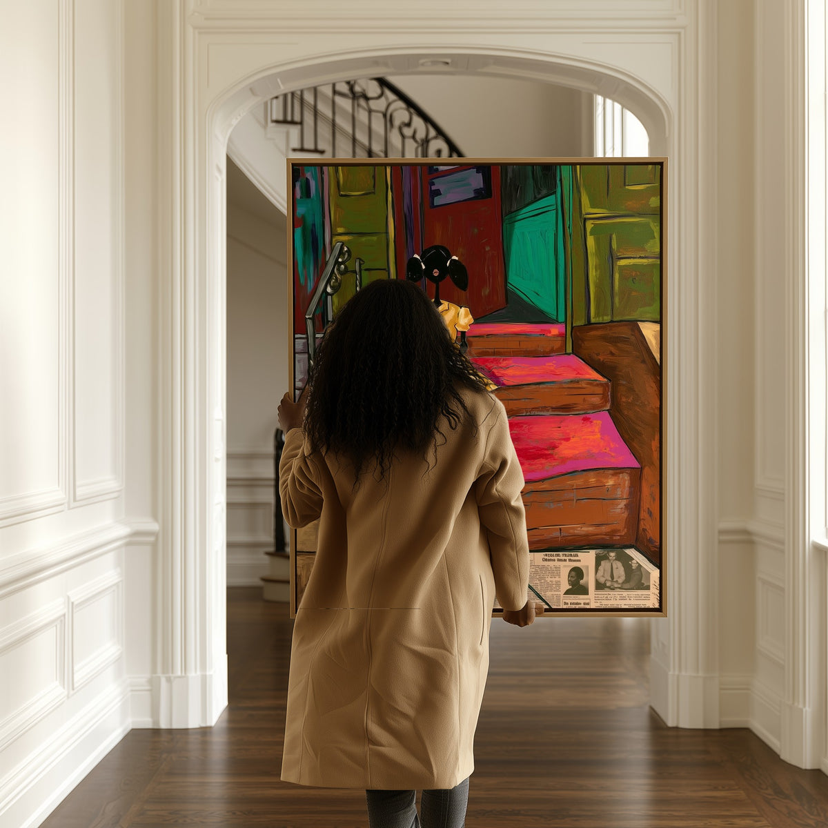 Girl on the Stoop canvas in a hallway, a woman passing by