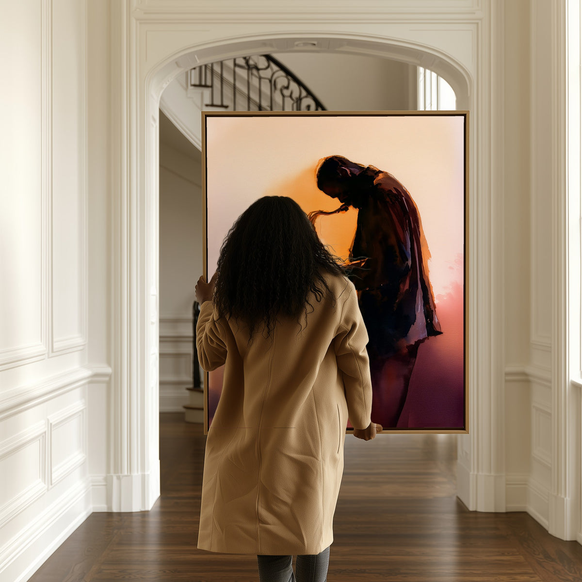 Breath and Brass canvas in a hallway, a woman passing by