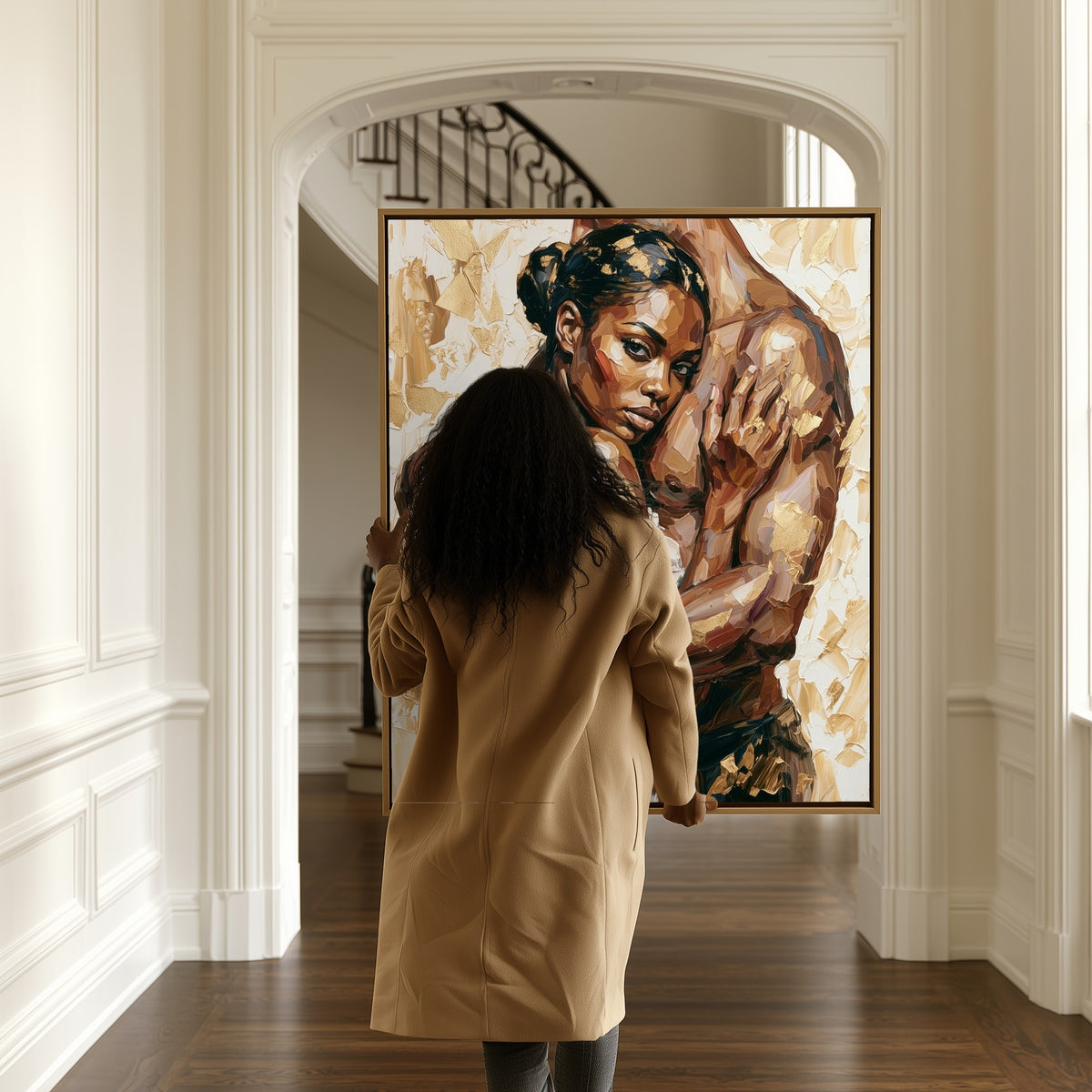 Held Close canvas in a hallway, a woman passing by