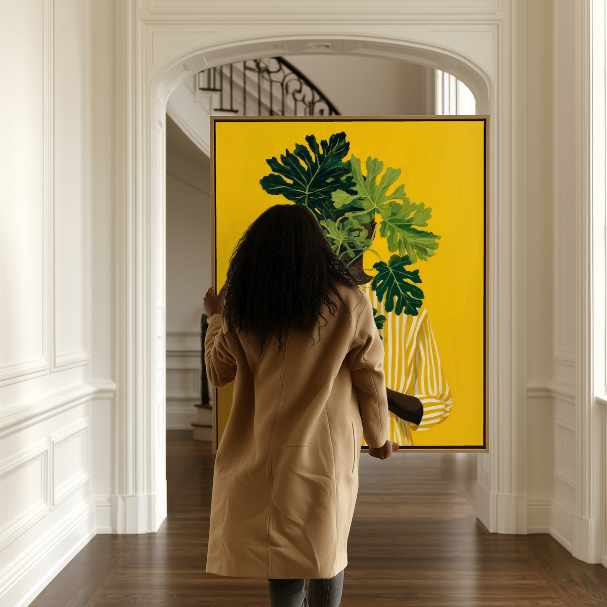 Leaf and Light canvas in a hallway, a woman passing by