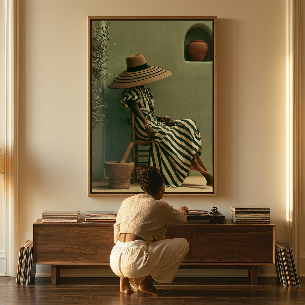 The Striped Hat canvas above a console table, a woman beside it
