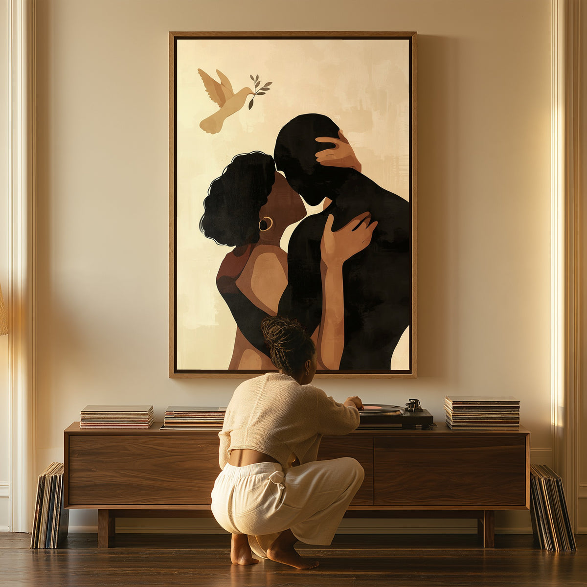 Under the Dove canvas above a console table, a woman beside it