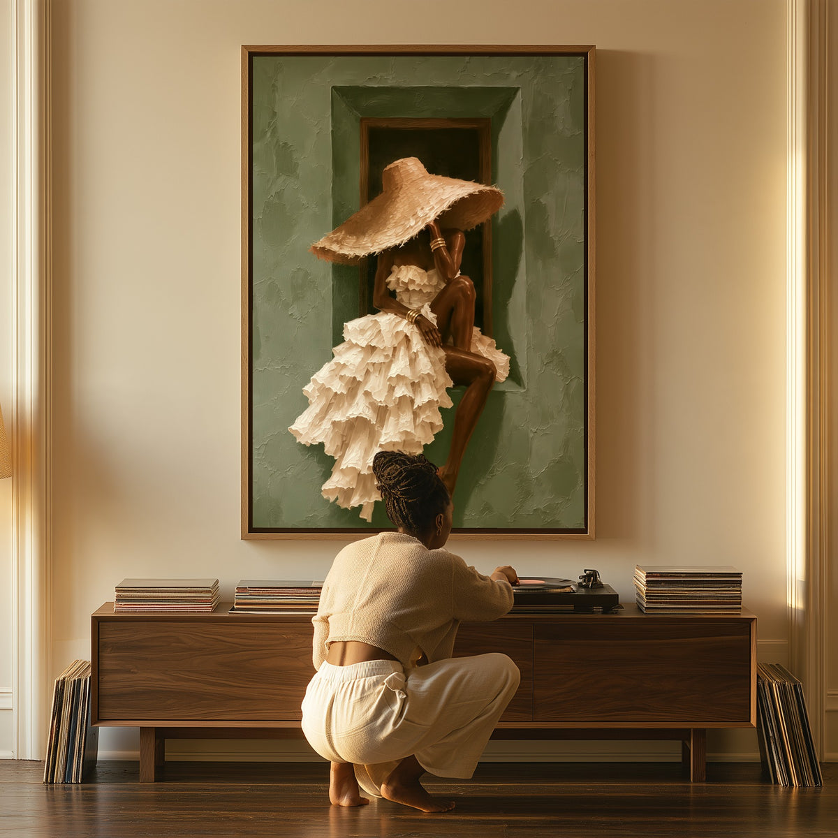 Afternoon Hush canvas above a console table, a woman beside it