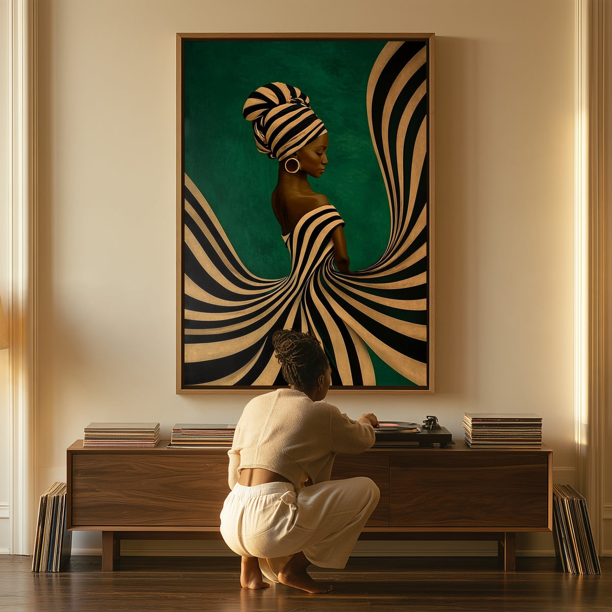 Spiral Gown canvas above a console table, a woman beside it