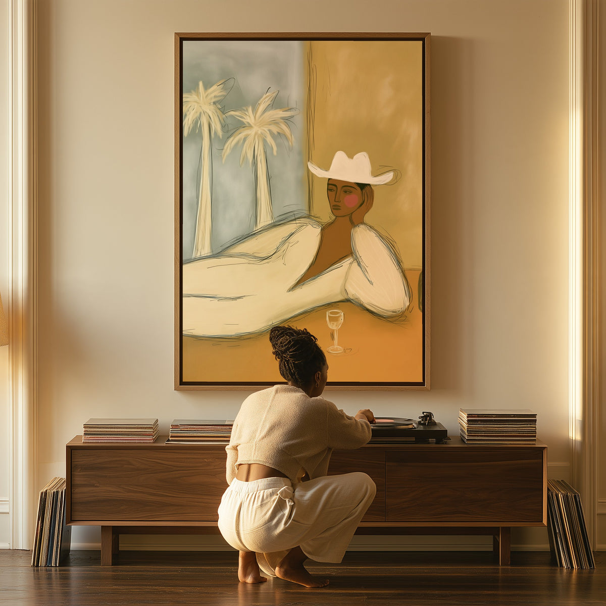 Reclining Figure with Palms canvas above a console table, a woman beside it