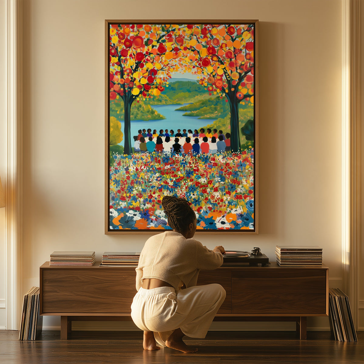 Gathering at the River canvas above a console table, a woman beside it