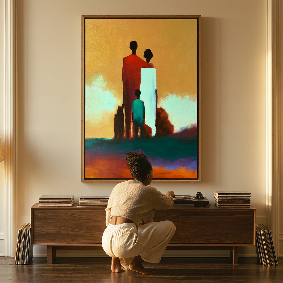 Homecoming canvas above a console table, a woman beside it