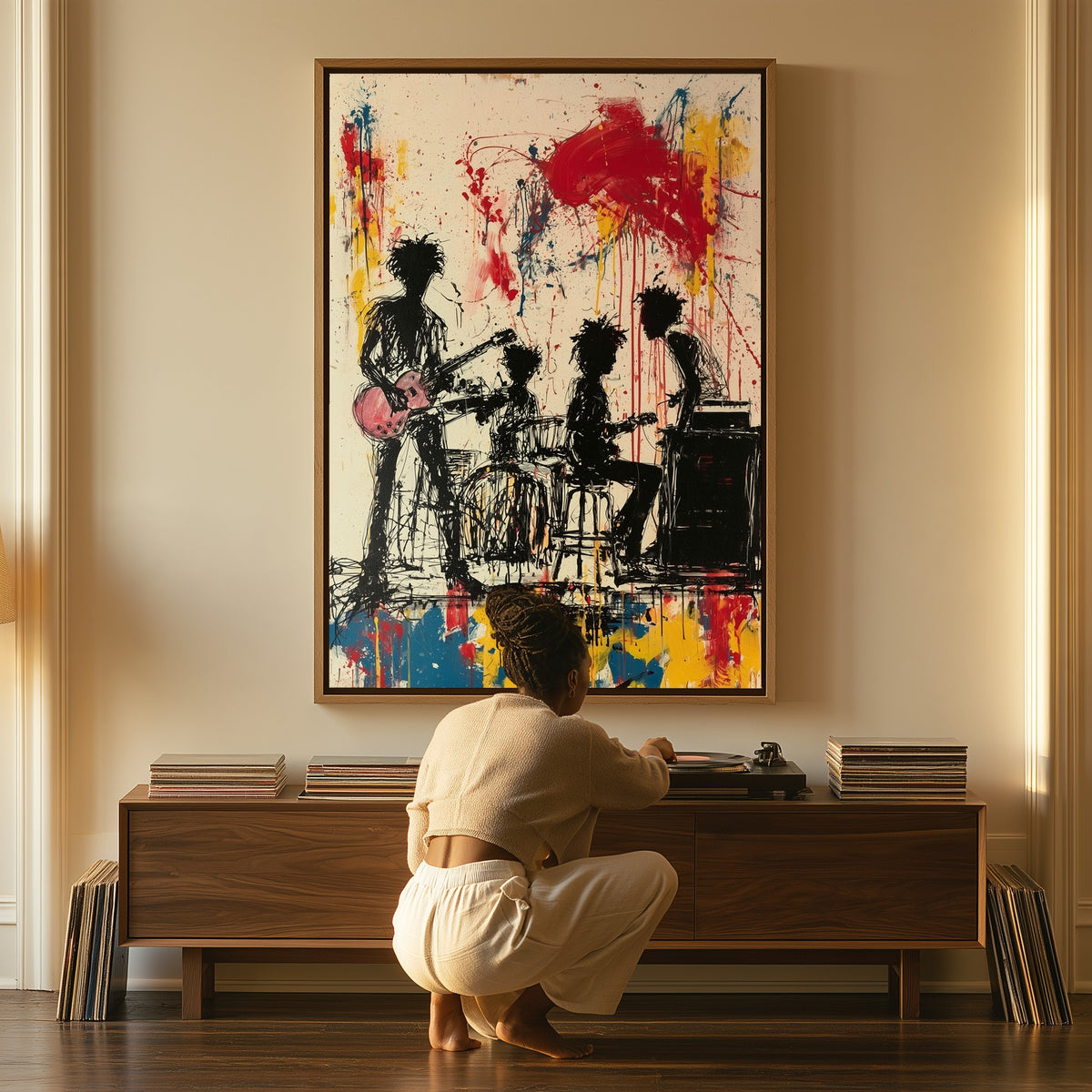 Quartet in Ink canvas above a console table, a woman beside it