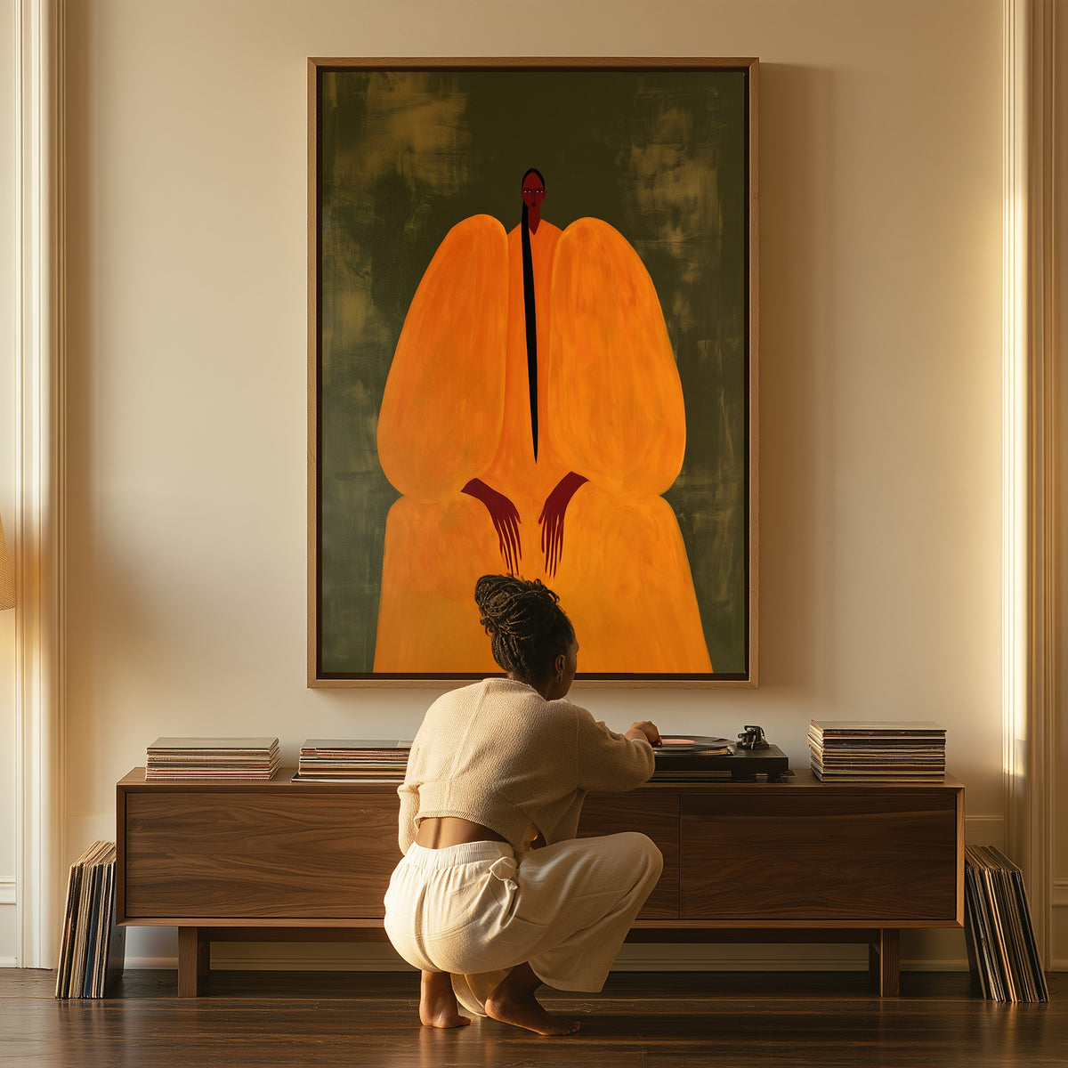 Saffron Hush canvas above a console table, a woman beside it