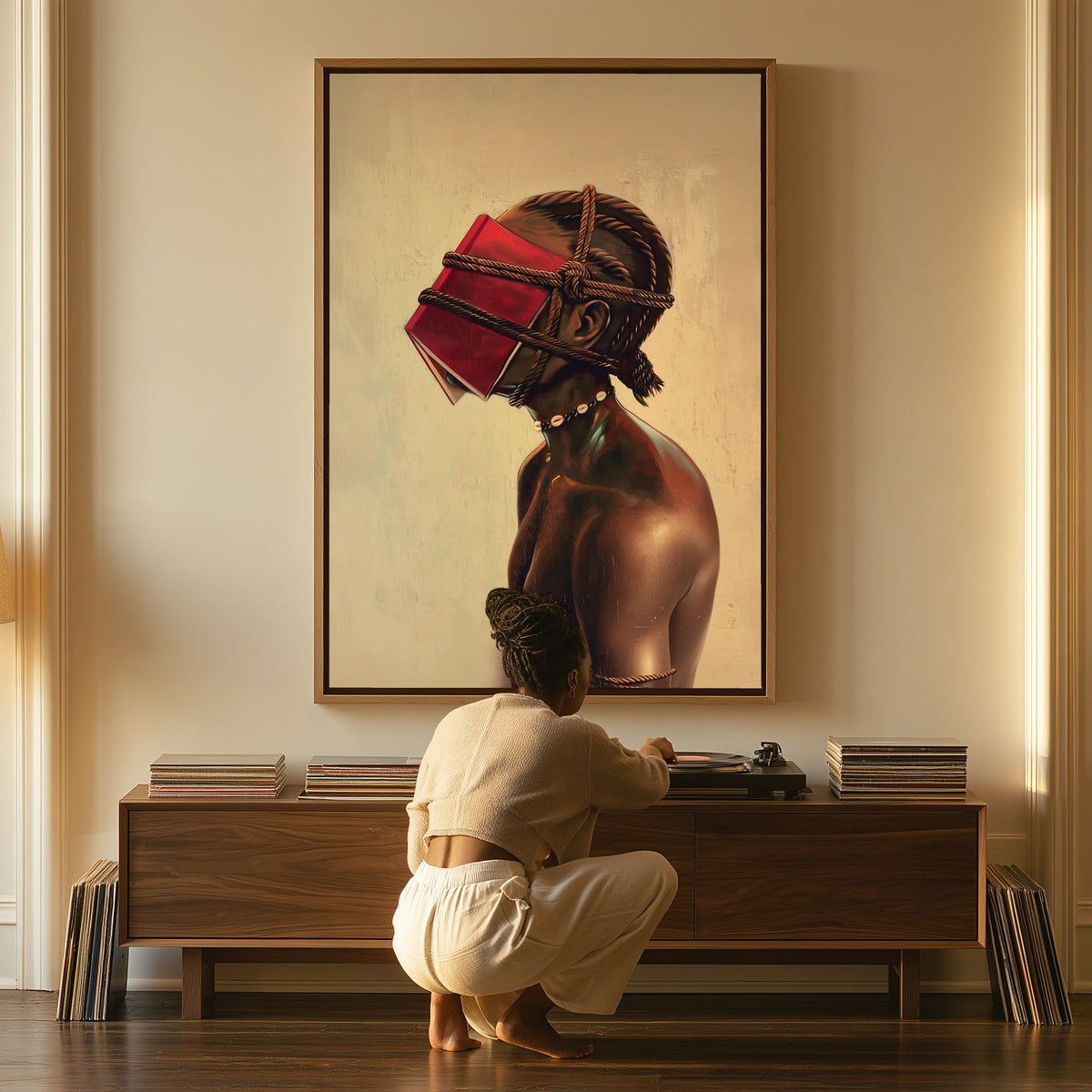 The Reader, Bound canvas above a console table, a woman beside it