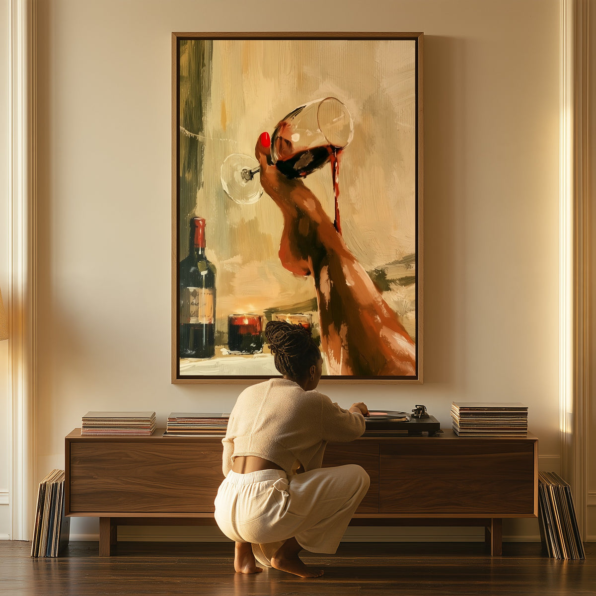 The Pour canvas above a console table, a woman beside it
