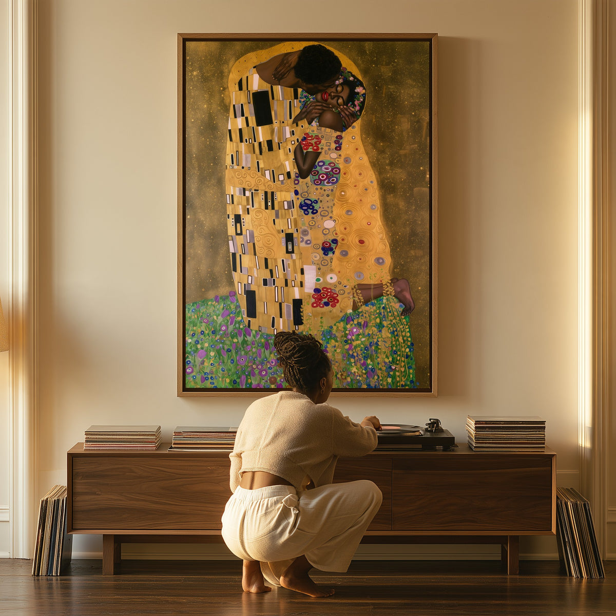 The Golden Kiss canvas above a console table, a woman beside it
