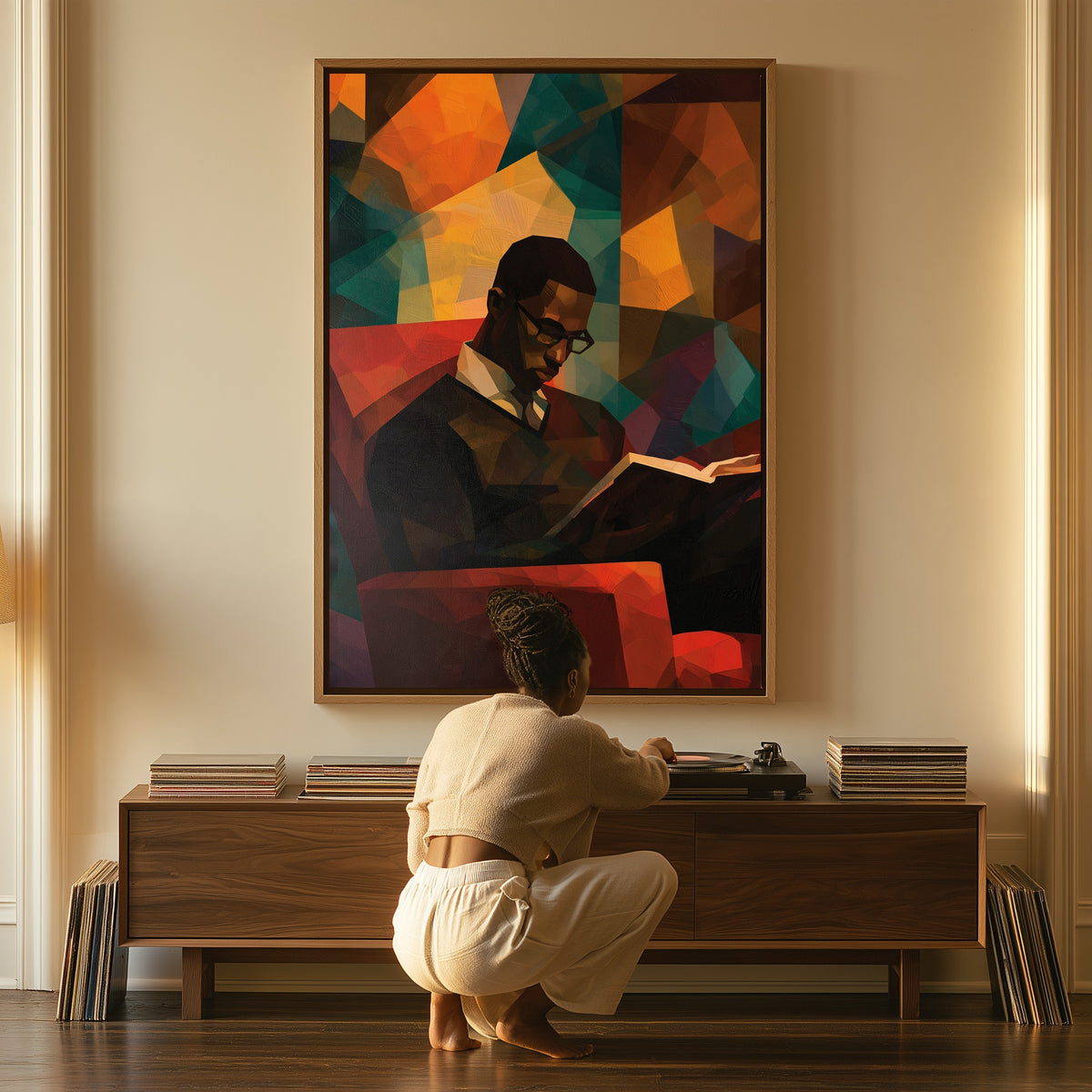 Faceted Thought canvas above a console table, a woman beside it