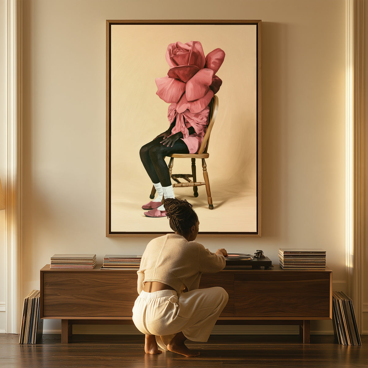 Rose Reverie canvas above a console table, a woman beside it