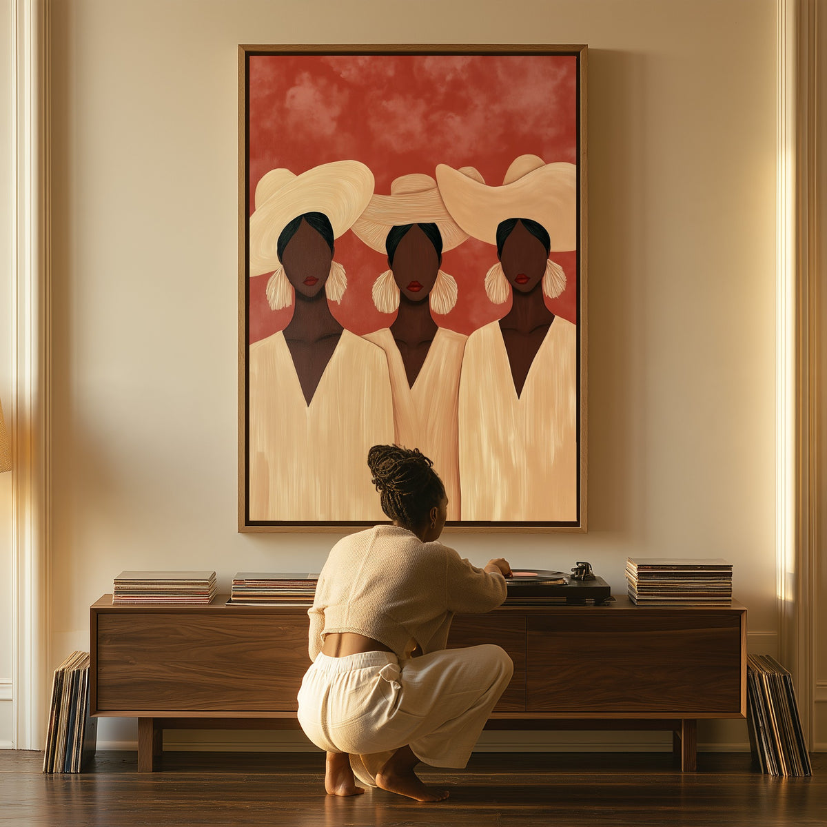 Summer Trio canvas above a console table, a woman beside it