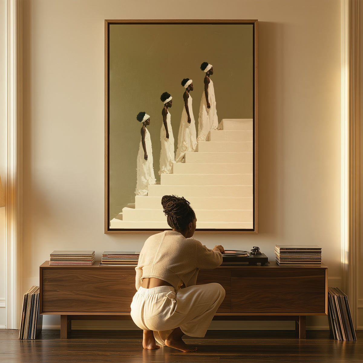 The Ascent canvas above a console table, a woman beside it