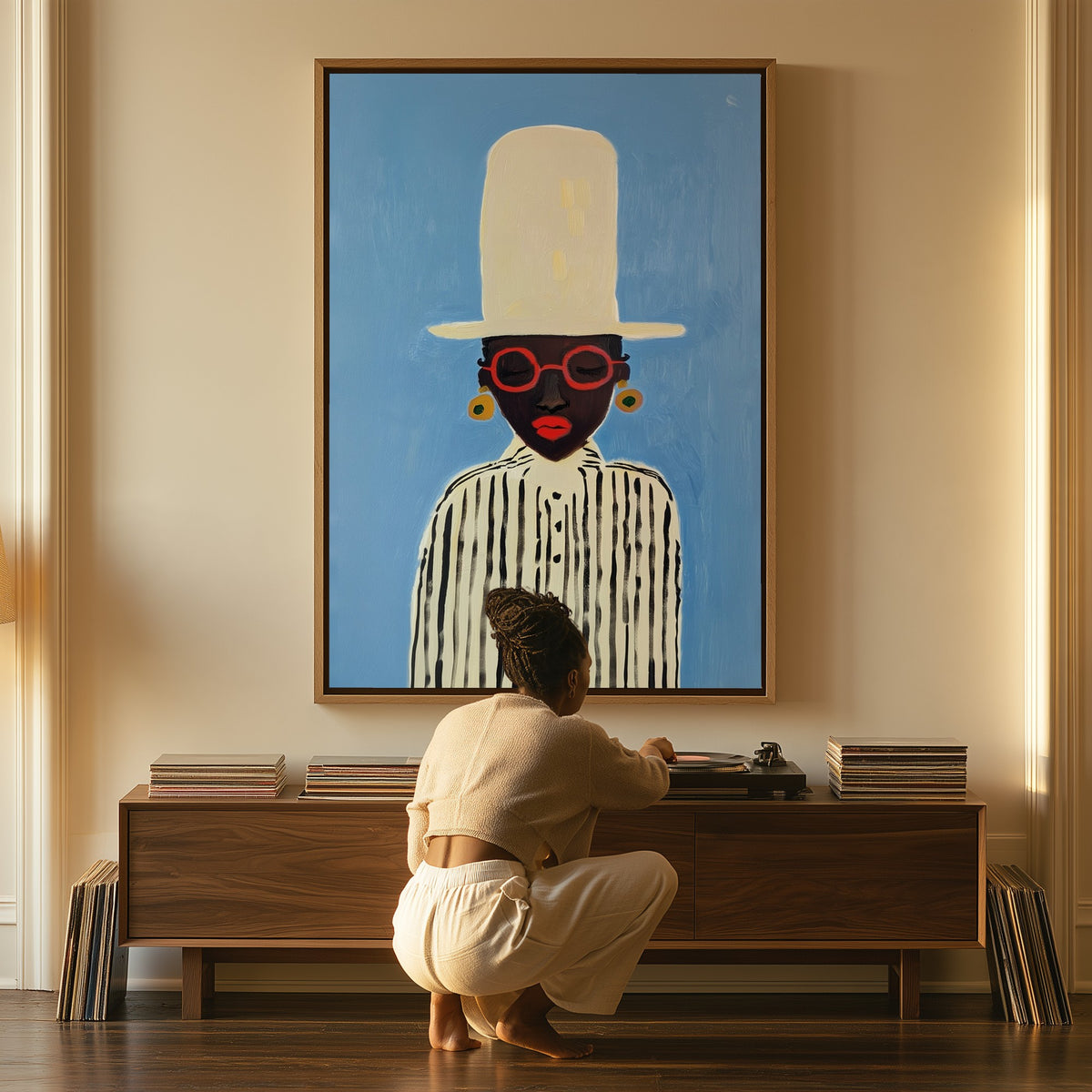 Elevation canvas above a console table, a woman beside it