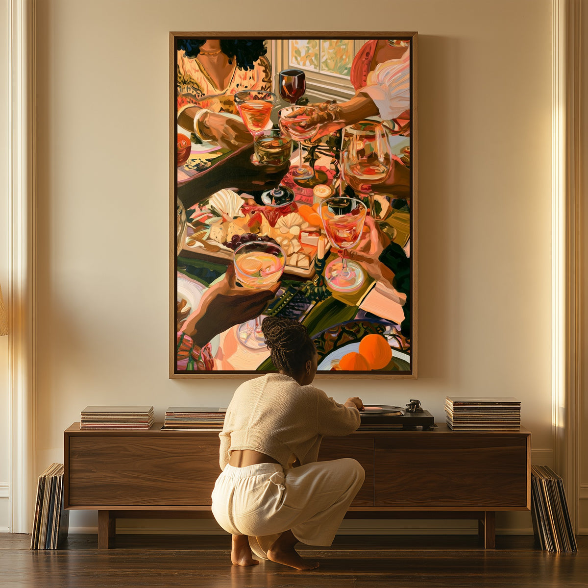Late Brunch, Good Light canvas above a console table, a woman beside it