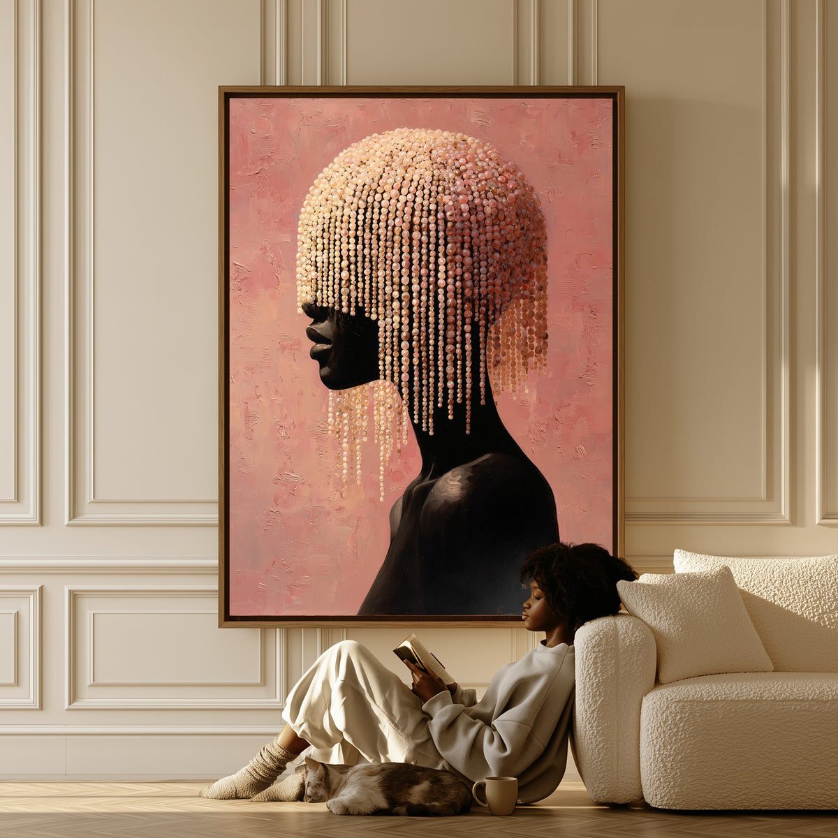 Veil of Pearls canvas in a living room, a woman reading on the floor