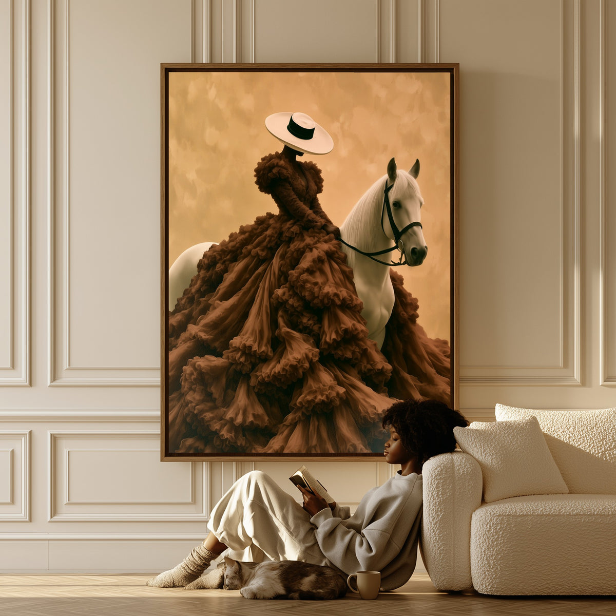 Lady in Chocolate Tulle canvas in a living room, a woman reading on the floor