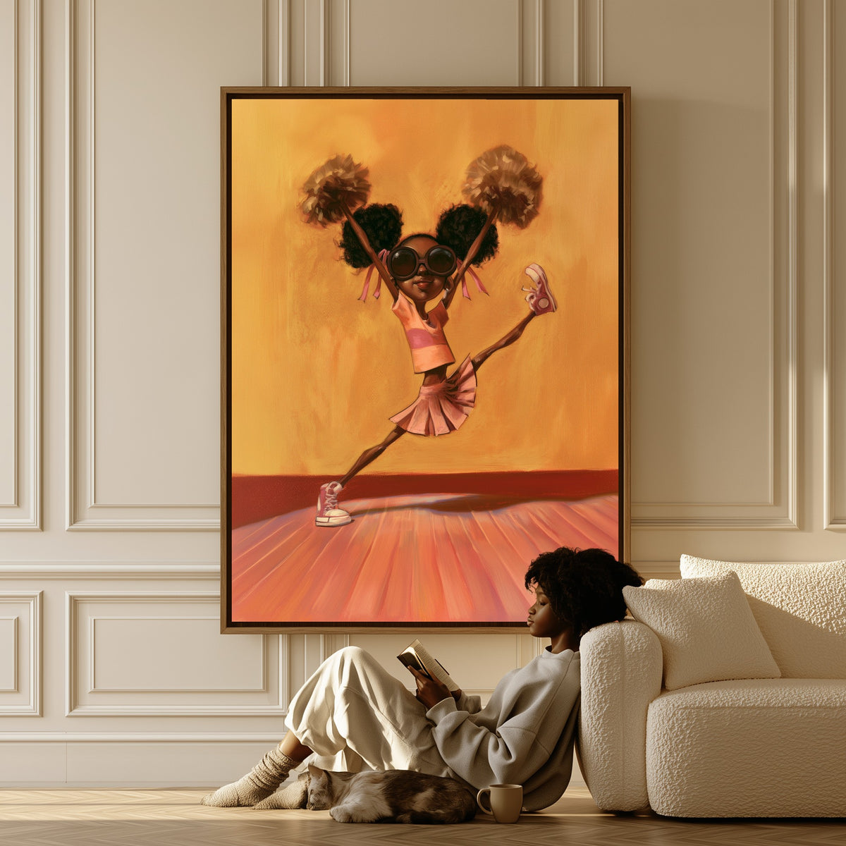 First Leap canvas in a living room, a woman reading on the floor