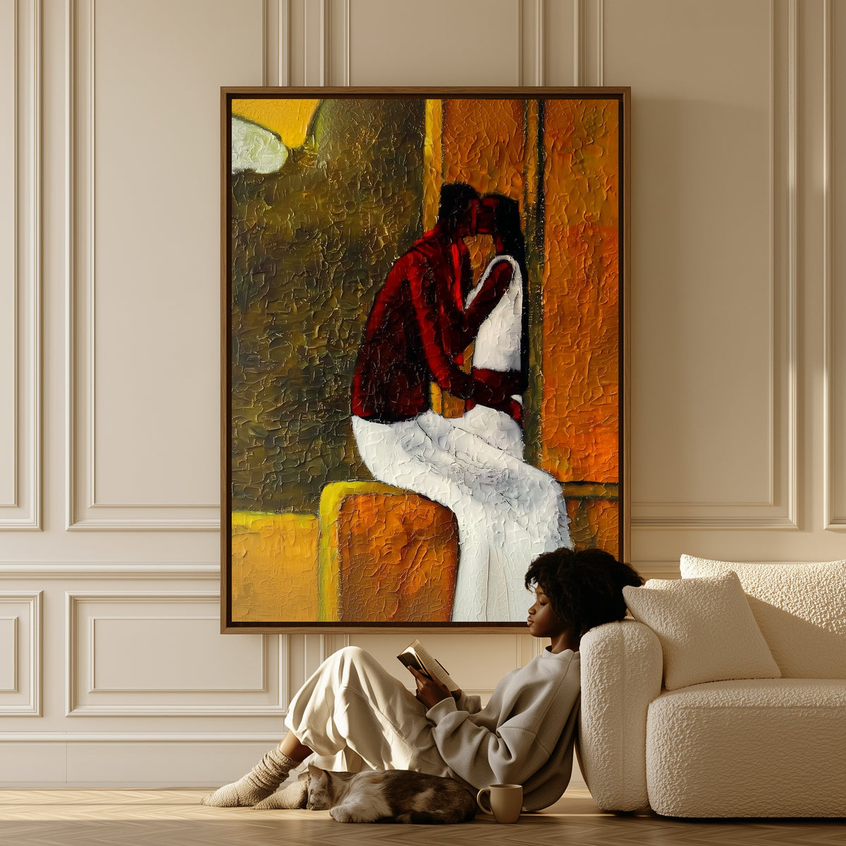 The Stolen Kiss canvas in a living room, a woman reading on the floor
