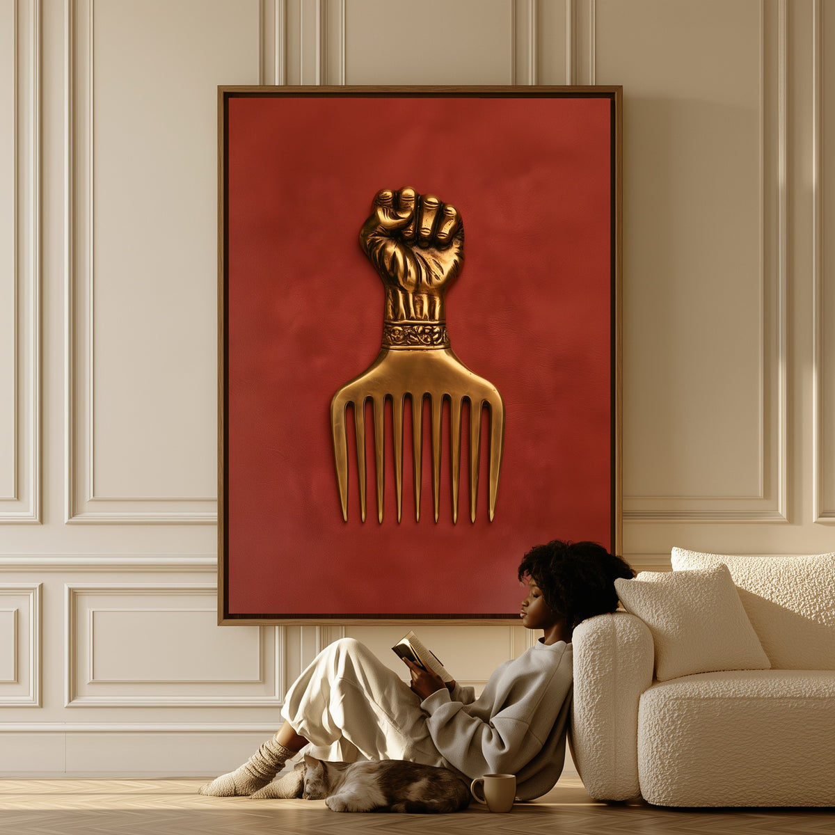 The Golden Pick canvas in a living room, a woman reading on the floor